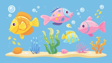 This cartoon fish and seaweed in sand illustration set depicts childish marine animals and plants in the sea, ocean, or aquarium. Colorful tropical marine creature on a blue background with bubbles