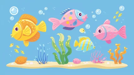 Cercles muraux Vie marine This cartoon fish and seaweed in sand illustration set depicts childish marine animals and plants in the sea, ocean, or aquarium. Colorful tropical marine creature on a blue background with bubbles