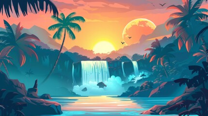 Fototapeta na wymiar Tropical waterfall landscape illustration with palm trees on the hill and orange and pink sunlight on the horizon. Modern cartoon illustration of a river flowing over a mountain stone cascade.