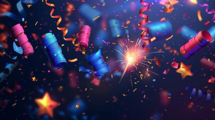 Graphic illustration of party firecracker confetti. Birthday or carnival firework or popper paper serpentine, star and congratulation elements for design. Winner and holiday celebration cracker - obrazy, fototapety, plakaty