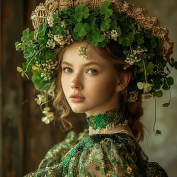 Celebration of Irish culture and tradition woman in festive attire with clovers