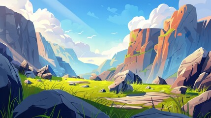 Summer mountain valley landscape with green grass and cracked stones, shadows of rock on ground, clouds in blue sunny sky, canyon background. Modern illustration for kids.