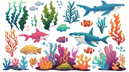 Illustration of fish, seaweeds, and coral reefs isolated on a white background. Modern cartoon illustration of seabed design elements, colorful aquatic plants, and hammerhead shark. - obrazy, fototapety, plakaty
