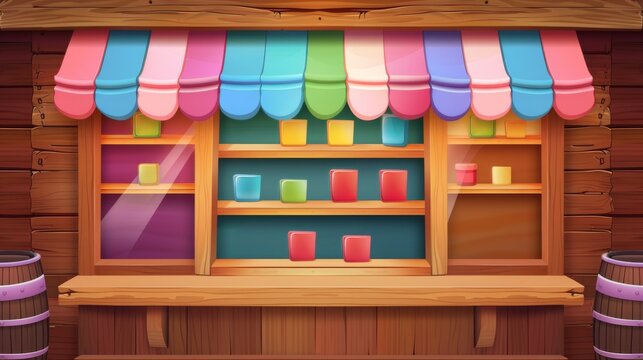 Detailed modern illustration of empty wooden shelves decorated with color striped canopy, mobile app UI design elements, video game level store mockup.