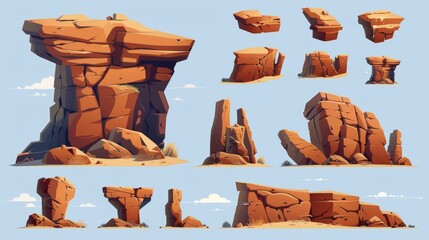 There are big desert stone piles and cliffs in this cartoon modern illustration set of west landscape brown rock and mountain, along with game assets and elements of canyon formation and arch, rough