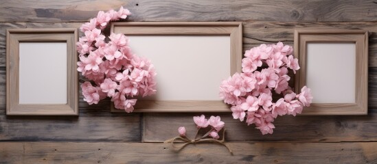 A wooden wall is adorned with a collection of rustic-style photo frames filled with pink magnolia...