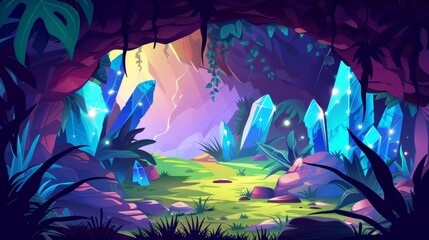 In an underground cave you can see grass and blue glowing gem crystals, stones with moss, and rays of moonlight beneath a jungle landscape. It is a cartoon fantasy cave.