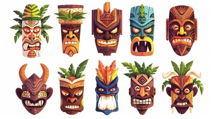Various tiki masks isolated on white background. Modern cartoon illustration of tribal wooden totems, traditional Hawaiian or Polynesian attributes, scary faces decorated with leaves.