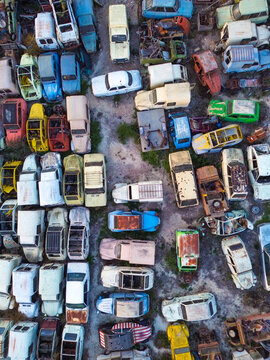 Aerial view of cars in junkyard