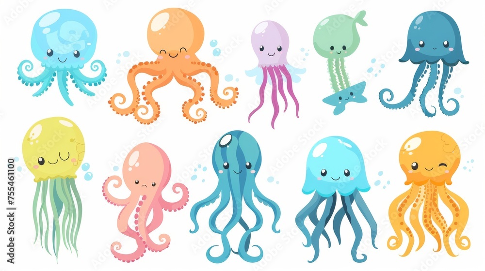 Sticker Set of cartoon animals with tentacles. Tropical marine inhabitants with funny faces plus octopus and jellyfish characters.