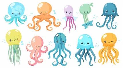 Cercles muraux Vie marine Set of cartoon animals with tentacles. Tropical marine inhabitants with funny faces plus octopus and jellyfish characters.