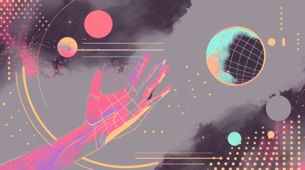 Graphic illustration of Y2K aesthetic science banners on gray background with wireframe hand, globe, and landscape shapes.