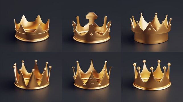 The crown of a golden king from different angles, 3D modern illustration set of simple gold royal objects. Medieval royal emblems or treasure items of game. Icon of kingdom winners...