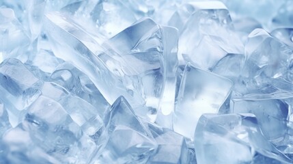 A cluster of ice cubes stacked on a wooden table, reflecting light and slowly melting, abstract wallpaper