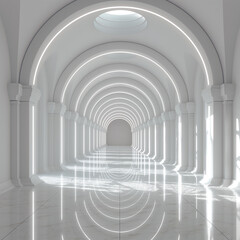 White background 3D room light abstract space technology tunnel stage floor. Empty white future 3D neon background studio futuristic corridor render modern ai technology