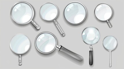 Magnify glass at different angles. Realistic modern set of metal loupes with plastic handles and transparent enlarger lenses for search and focusing applications.