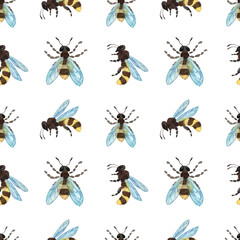 Seamless pattern of a flying bee, insect with honey.Watercolor illustration, isolated illustration on a white background
