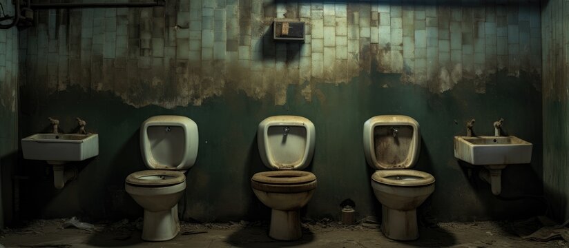 A row of three old toilets sits next to each other in the basement of an abandoned hospital. The toilets are worn and rusty, surrounded by decaying walls and debris.
