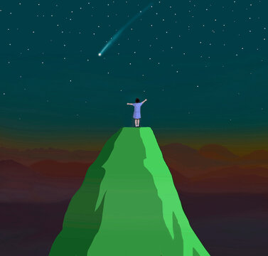 Little girl looking at shooting star from mountaintop at night