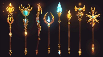Fototapeta na wymiar A set of magic tridents isolated on black background. Cartoon illustration of gold spear forks decorated with gemstones, a game rank asset, a poseidon power symbol, a nautical weapon, and stuff