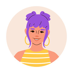 Head portrait of girl with round earrings and lilac hair wearing striped t-shirt. Avatar of cute modern woman. Vector flat round user profile icon isolated on white background.