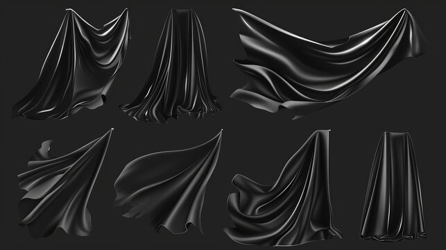 Windblown black curtain or drapery with wrinkles and a real black cape cloak floating in the air. Modern set of fabric costume mantels or silk scarves flying in the wind.