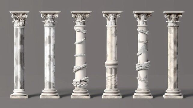 The ancient Roman column was made of white clay. Amazing 3D modern illustration of the greek stone pillars at the temple. Ancient marble colonnades for historical construction facade designs.