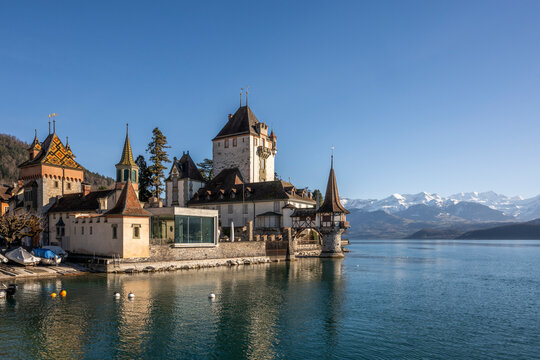 Switzerland, Bern Canton, Thun, OberhoffenCastle on shore of lake Thun