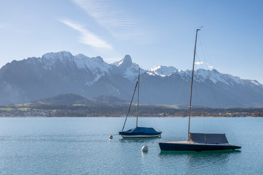 Switzerland, Bern Canton, Thun, Sailboats moored on lake Thun