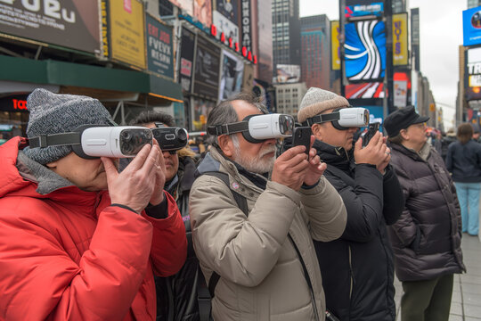 People using VR glasses spatial computer virtual reality goggles on the street of New York Times Square	