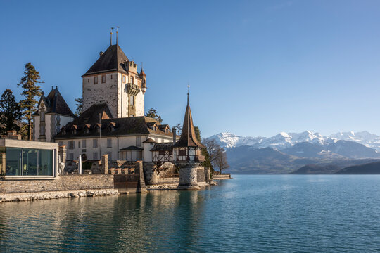 Switzerland, Bern Canton, Thun,OberhoffenCastle on shore of lake Thun