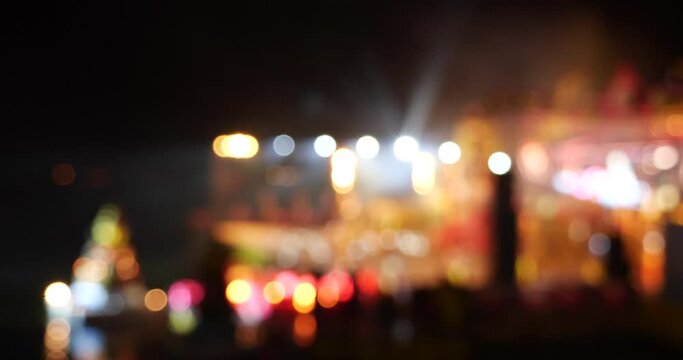 Vibrant Bokeh abstract blurred background music festival stage show performance party. Colorful bokeh background spark animate motion. Backdrop display with twinkling nightlife shape blinking light