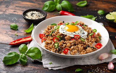 Pad Krapow Gai, Thai Basil Chicken with rice and fried egg
