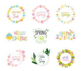 Set of Spring Hand Lettering Hello Spring with Flowers. Spring labels with season calligraphy quotes, flowers, wreathes. Spring season advertising templates. Hand drawn vector illustration