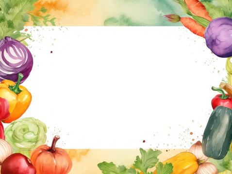 A watercolor painting featuring a variety of colorful vegetables on a plain white background. Card, copy space. Healthy eating concept, frame for nutritionist blog.
