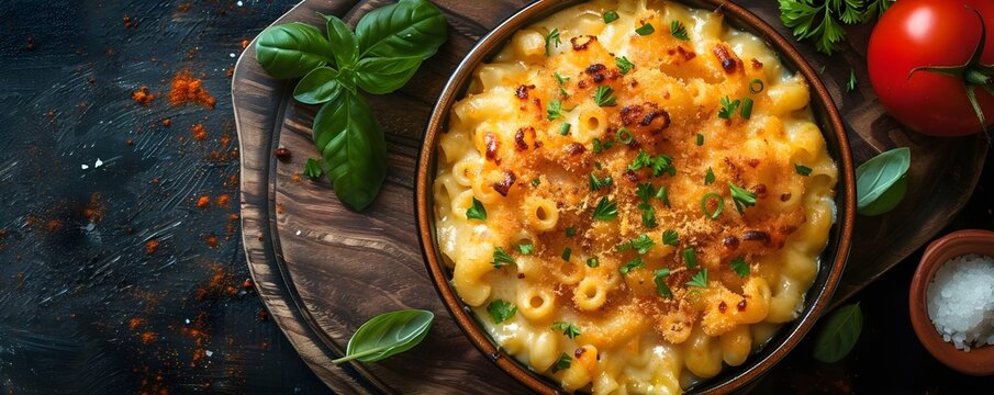 Perfectly baked truffle mac and cheese . Concept Crispy Breadcrumbs, Gooey Cheese, Creamy Sauce, Truffle Oil Drizzle