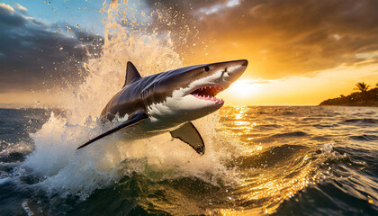 Closeup of a hungry shark with mouth open, jumping out of the water with splashes in the sea at...