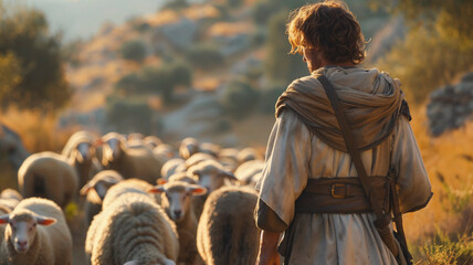 A young shepherd, reminiscent of David, leads his flock through the wilderness at dusk. - obrazy, fototapety, plakaty