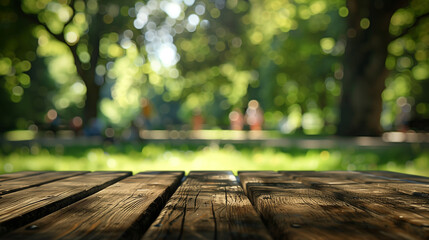 Wooden Table in a Park with Children Playing on the Background