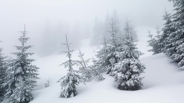 a snowstorm and frost turned high-mountain spruce trees and bushes into fabulous fantastic scenes, beautiful tones and colors of alpine nature in winter