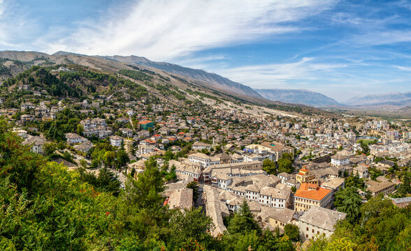 Town against cloudy sky at Gjirokaster, Albania
