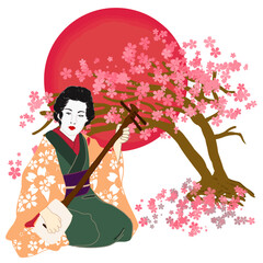 A Japanese geisha woman dressed in a kimono, playing the shamisen, with cherry blossoms and a red sun as the background