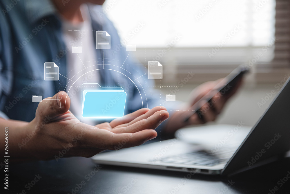 Poster The idea of a document management system include a businessman holding a folder, document icon software, online file management and search capabilities, and effective archiving of corporate data.