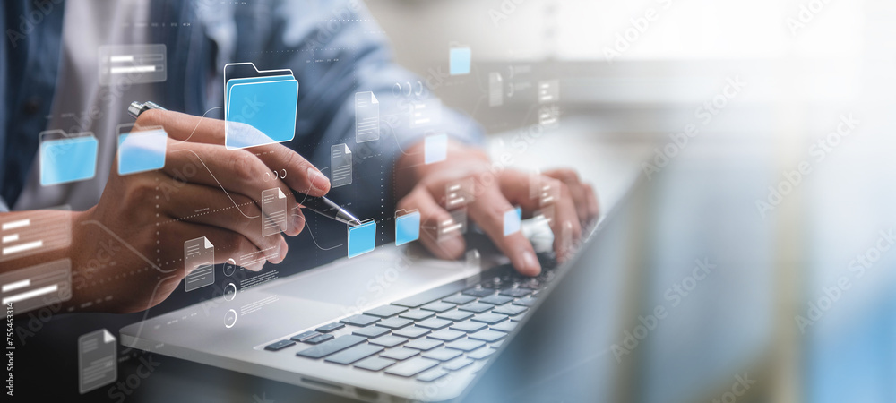 Fototapete document management system concept, business man searching folder and document icon software, search