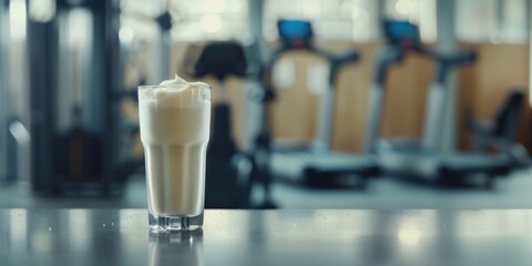 Generative AI, Protein cocktail in the glass on the blurred gym background, sport nutrition