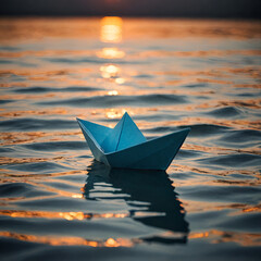 
 A blue paper boat floating in the river water.handmade, creativity, imagination, fantasy, dreamy, 