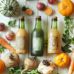 Bottles with vegetables juice on white rustic table with various organic vegetables, top view.  Healthy food and lifestyle