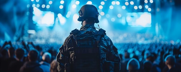 Guard with back turned to concert crowd . Concept Concert Security, Event Safety, Crowd Control,...