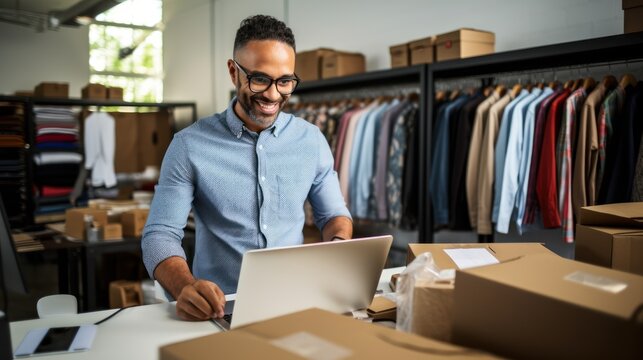 A small business owner works on their laptop preparing aesthetic packaging for products like boxes for customers. It has an e-commerce concept, SME business online concept.