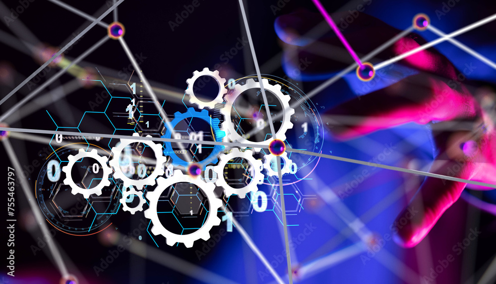 Poster Neural network 3D illustration. Big data and cybersecurity - 3d